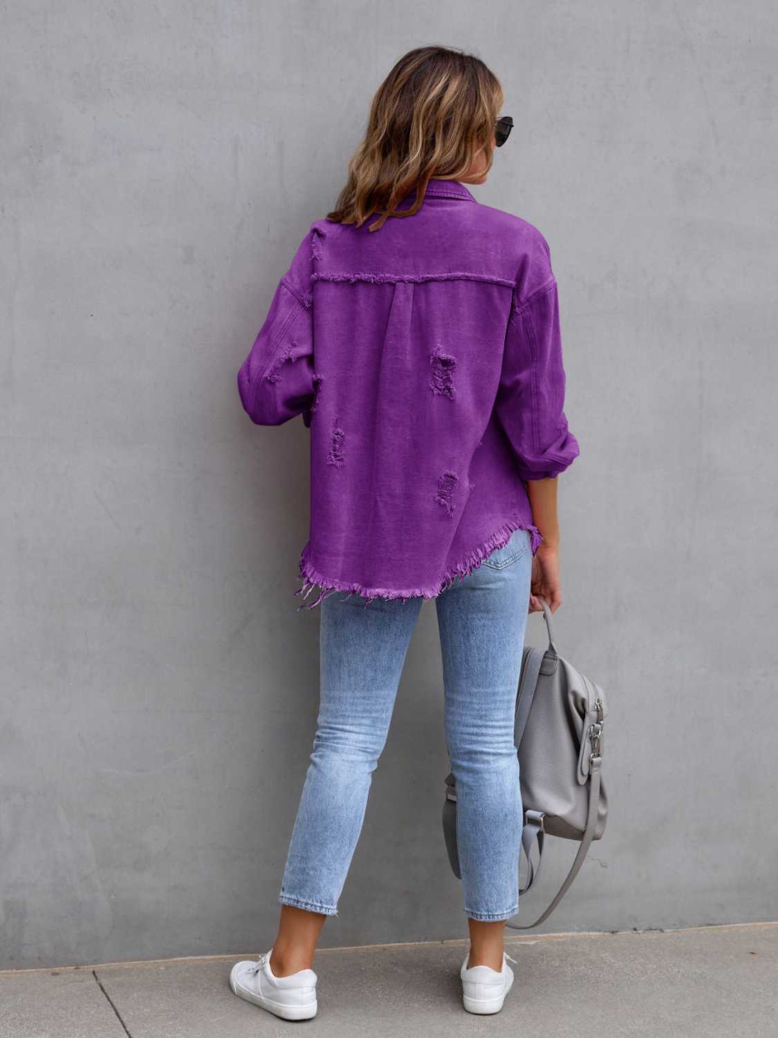 Distressed Drop Shoulder Denim Jacket Coco’s Tee Boutique