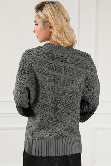 Cable-Knit Mock Neck Dropped Shoulder Sweater.