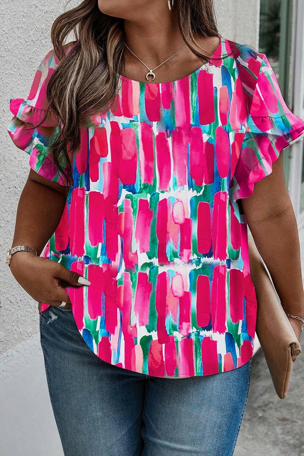 Plus Size Printed Round Neck Petal Sleeve Blouse.