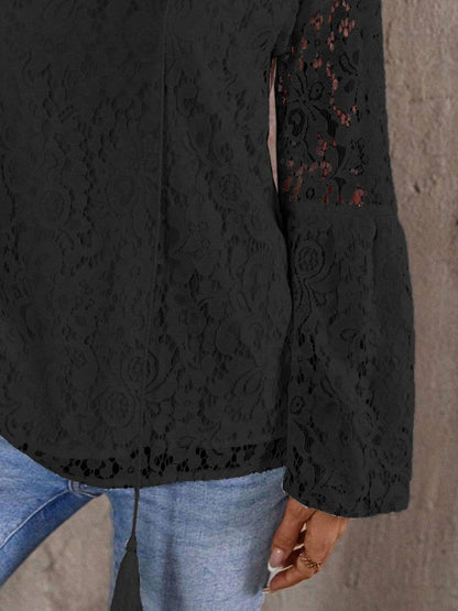 Lace Tie Neck Long Sleeve Blouse.