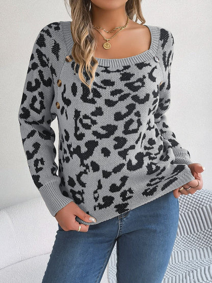 Leopard Buttoned Square Neck Sweater.