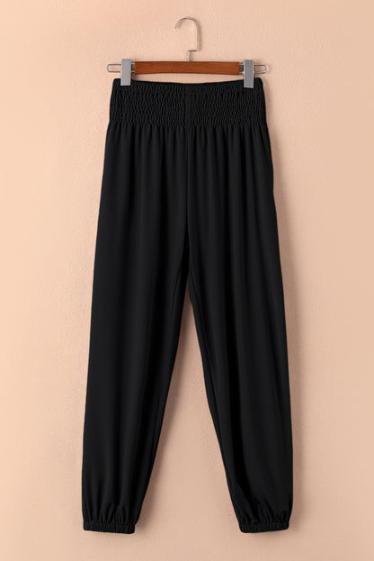 Chic black smocked joggers - high-rise comfort