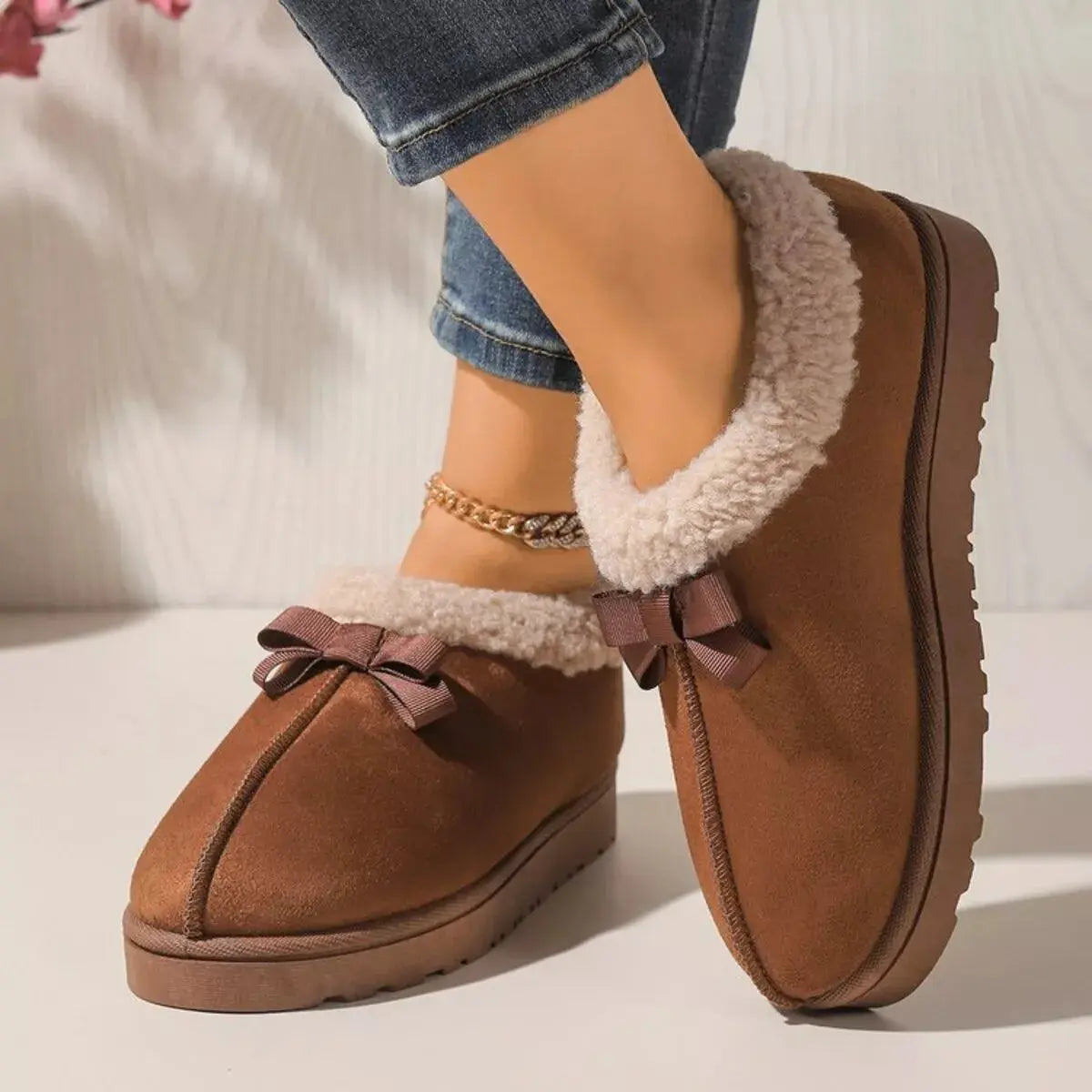 Cozy Bowknot Plush Lined Slip-Ons Simply Love