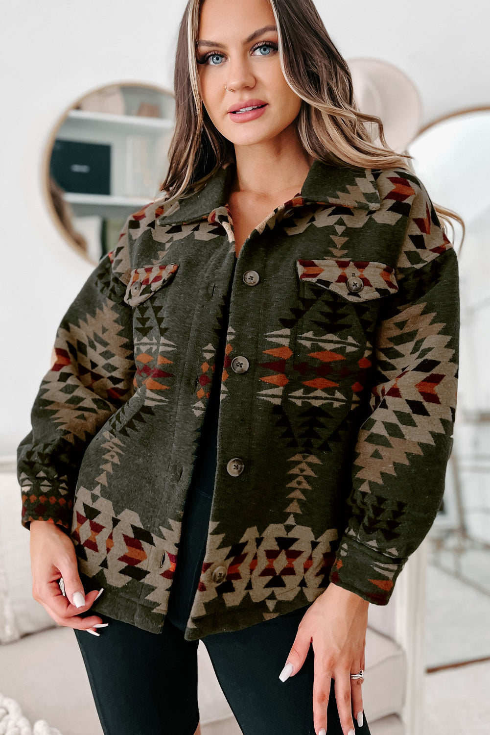 Chic green Aztec print long sleeve shacket with flap pockets