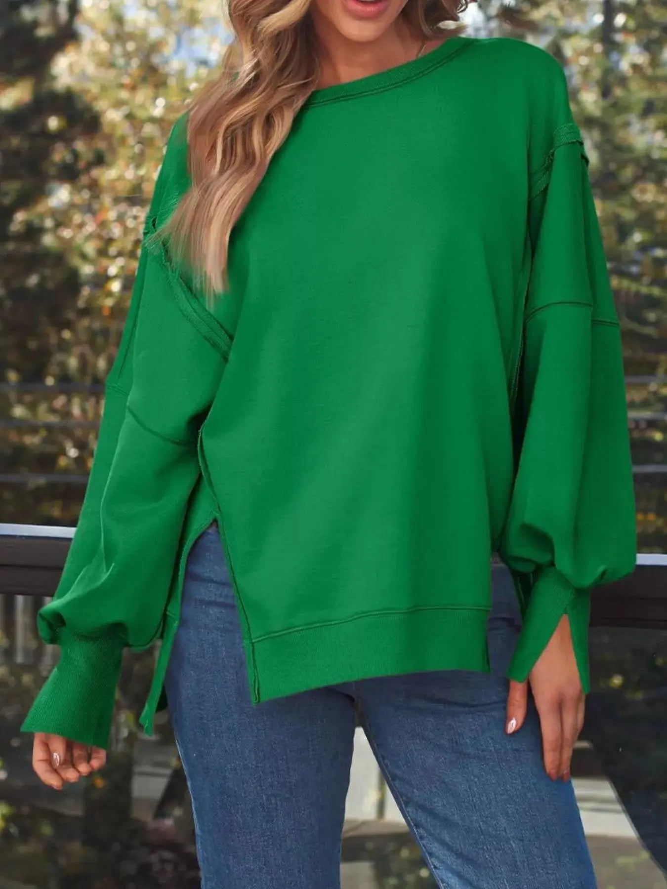 Side Slit Long Sleeve Oversized Sweatshirt Simply Love