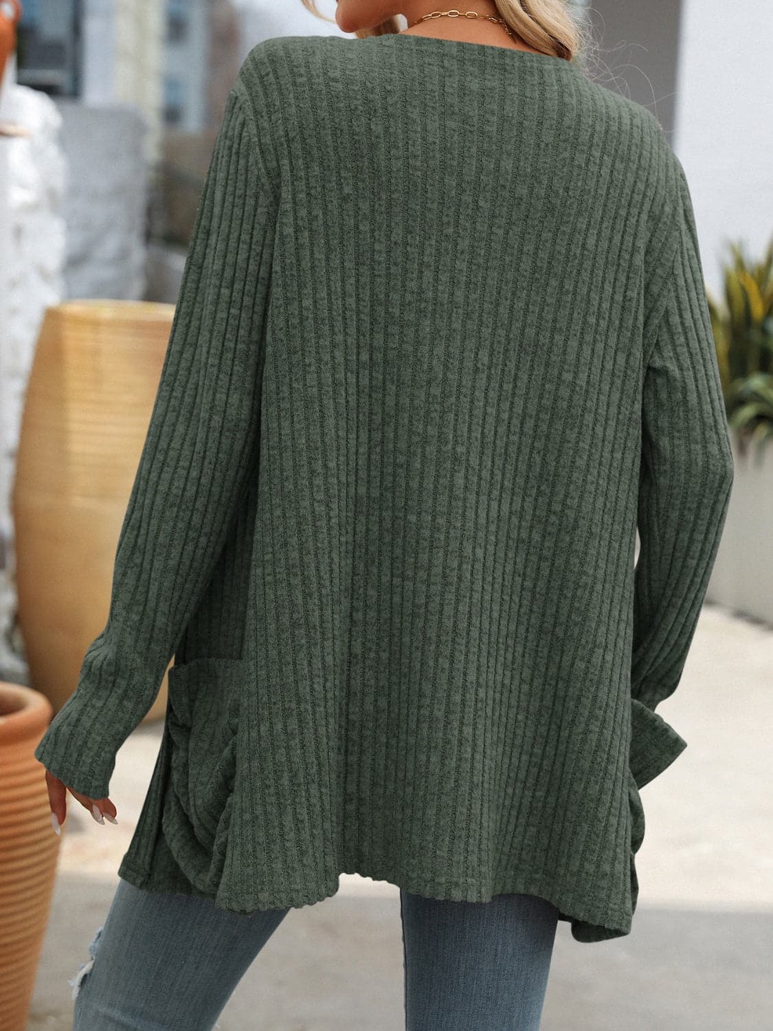 Open Front Long Sleeve Ribbed Cardigan.