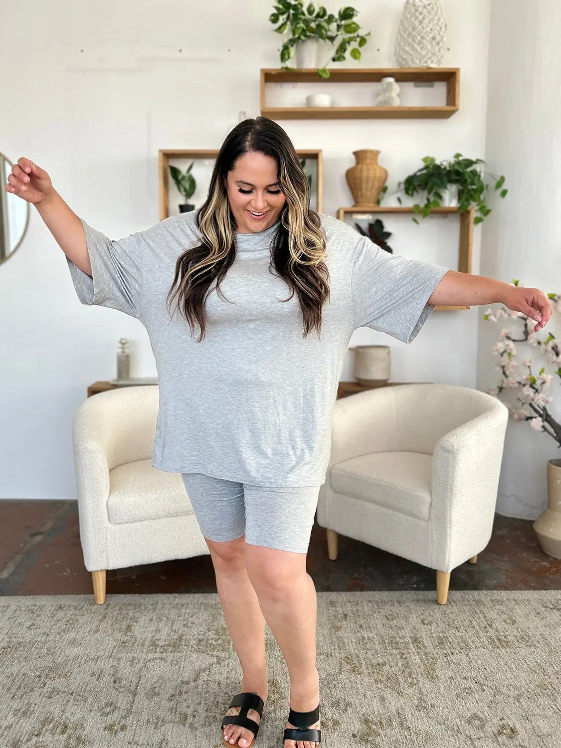 Basic Bae Bamboo Full Size Round Neck Drop Shoulder T-Shirt and Shorts Set - Love Salve