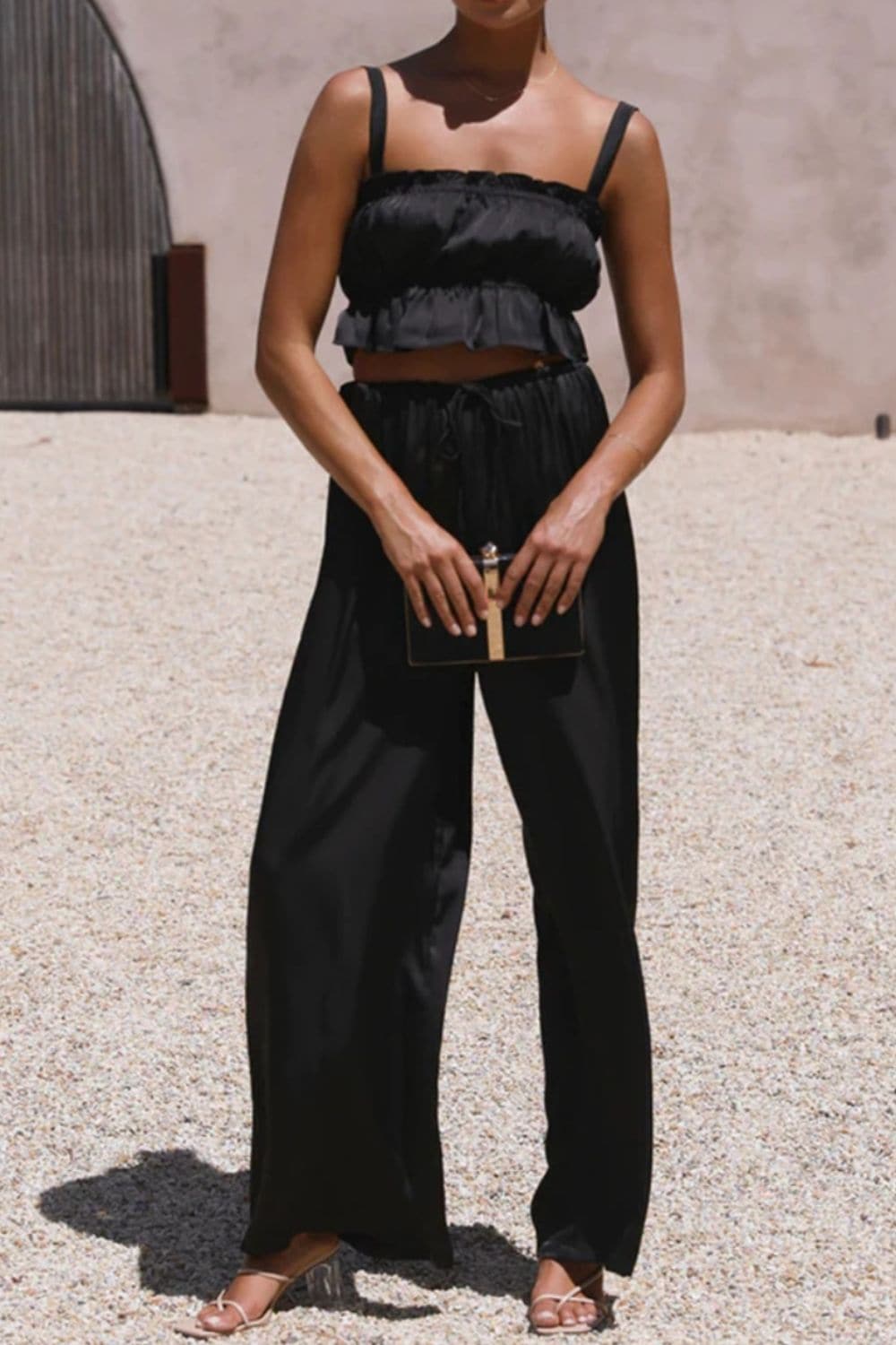 Ruffled Sleeveless Top and Wide Leg Pants Set.