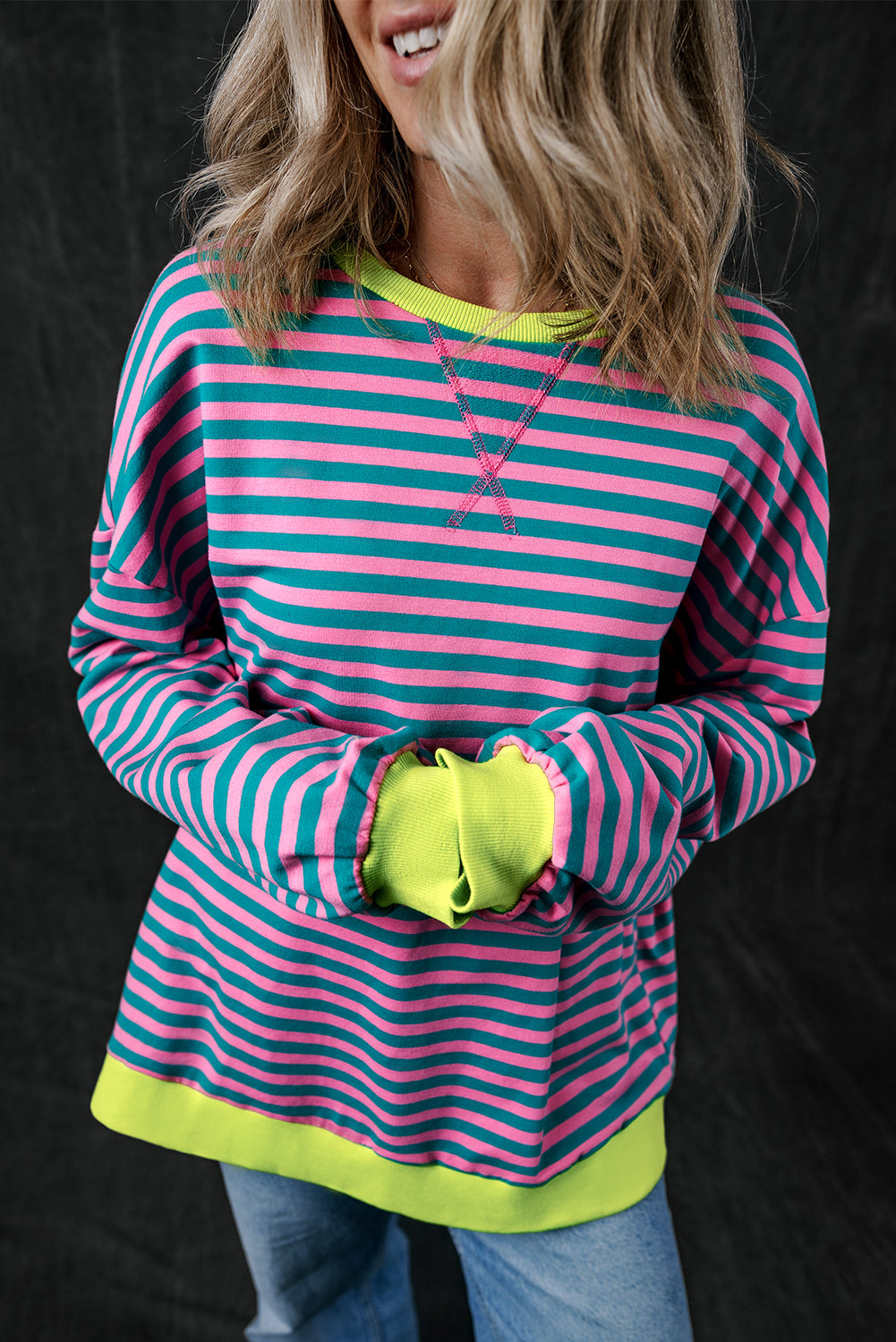 Trendy green striped oversized pullover with contrast detailing