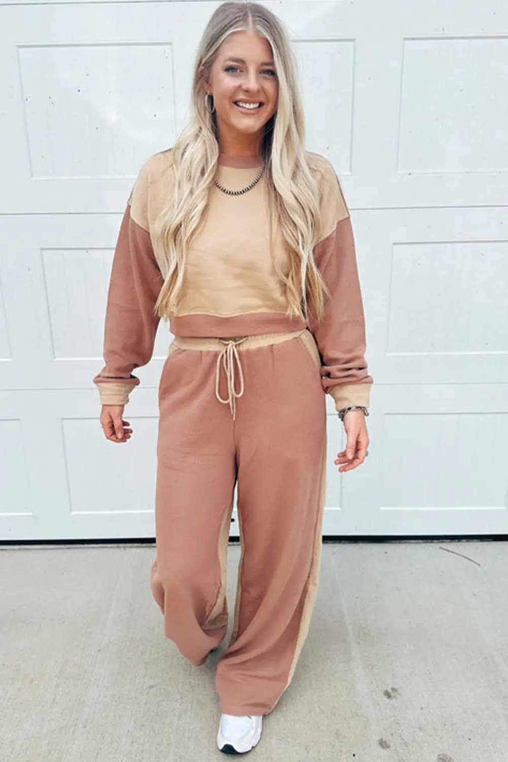 Premium Khaki Color Block Long Sleeve Crop Top Drawstring Pants Set Dear-Lover Dropshipping