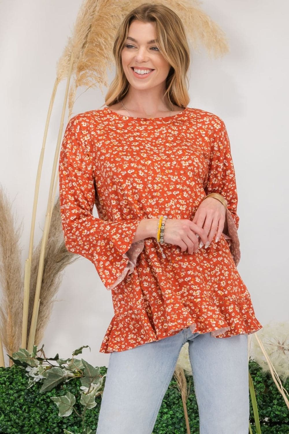 Celeste Full Size Floral Ruffle Detail Top.