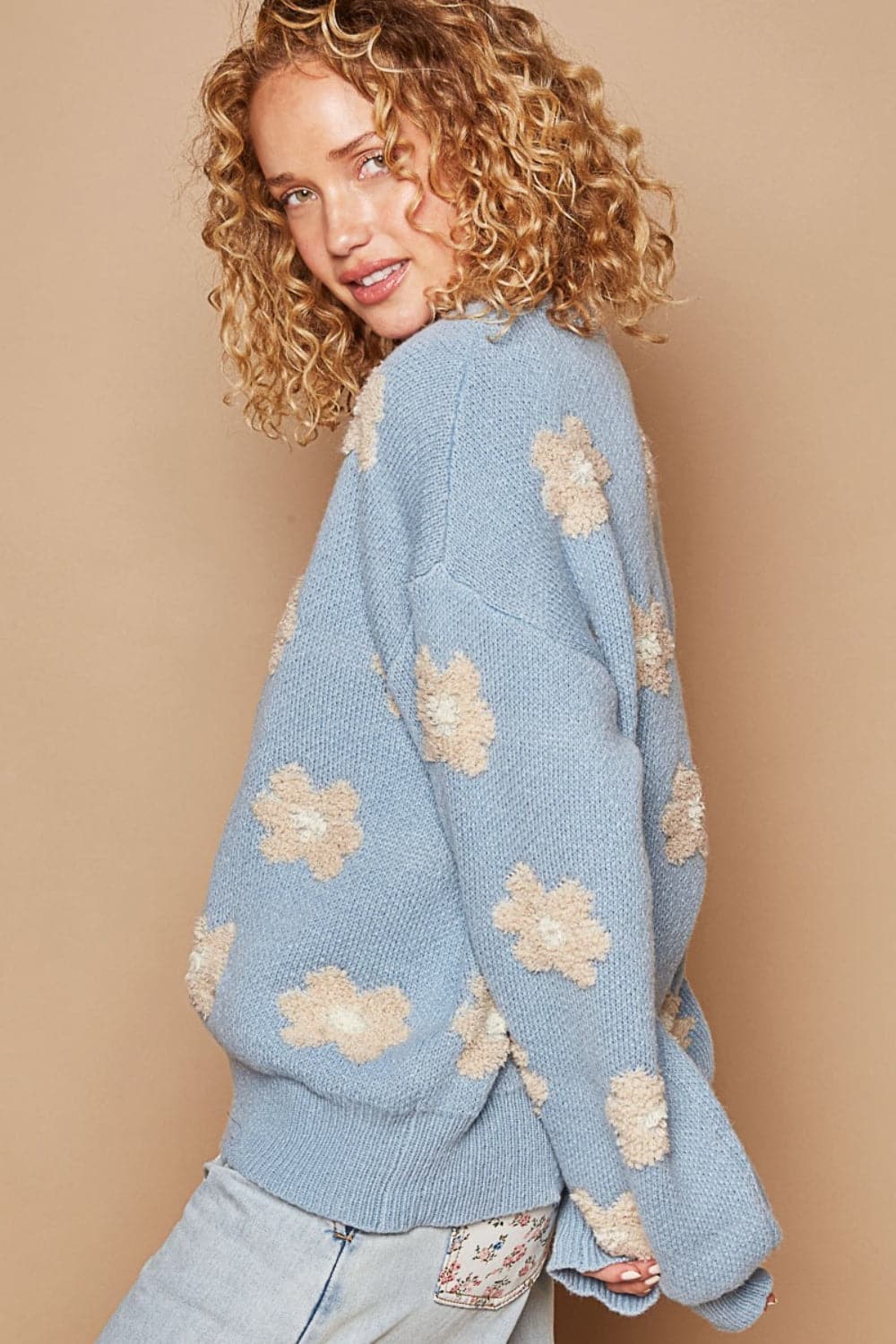 POL Daisy Pattern Drop Shoulder Sweater.