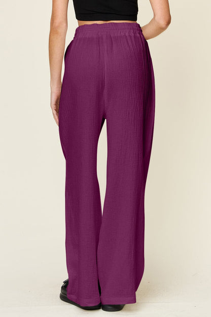 Double Take Full Size Texture Drawstring Wide Leg Pants.