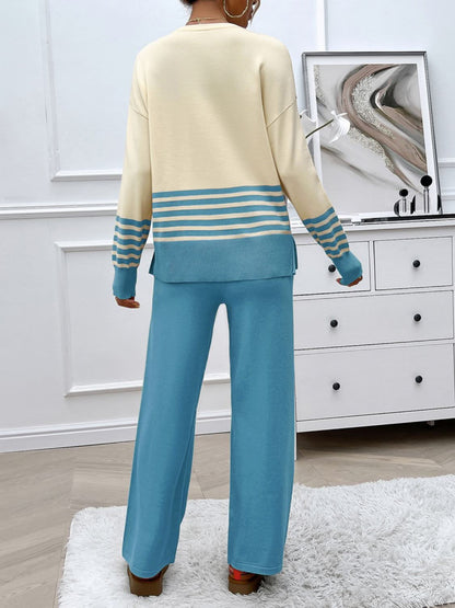 Chic striped sweater set with slit detail and round neck