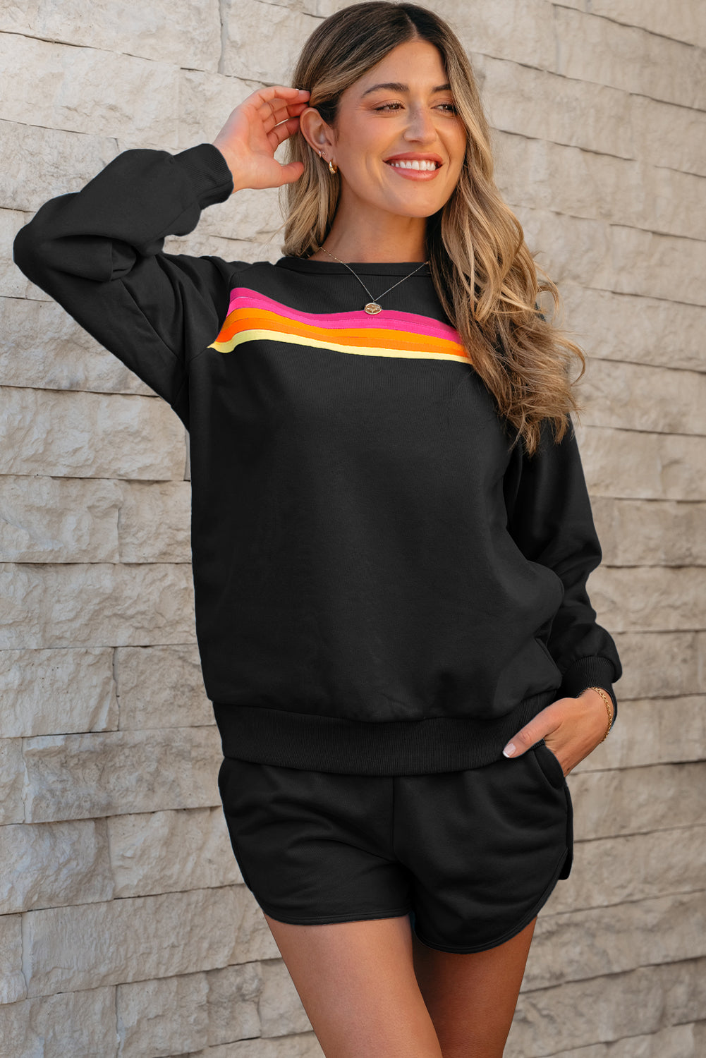 Black Striped Accent Pullover and Shorts Two Piece Set