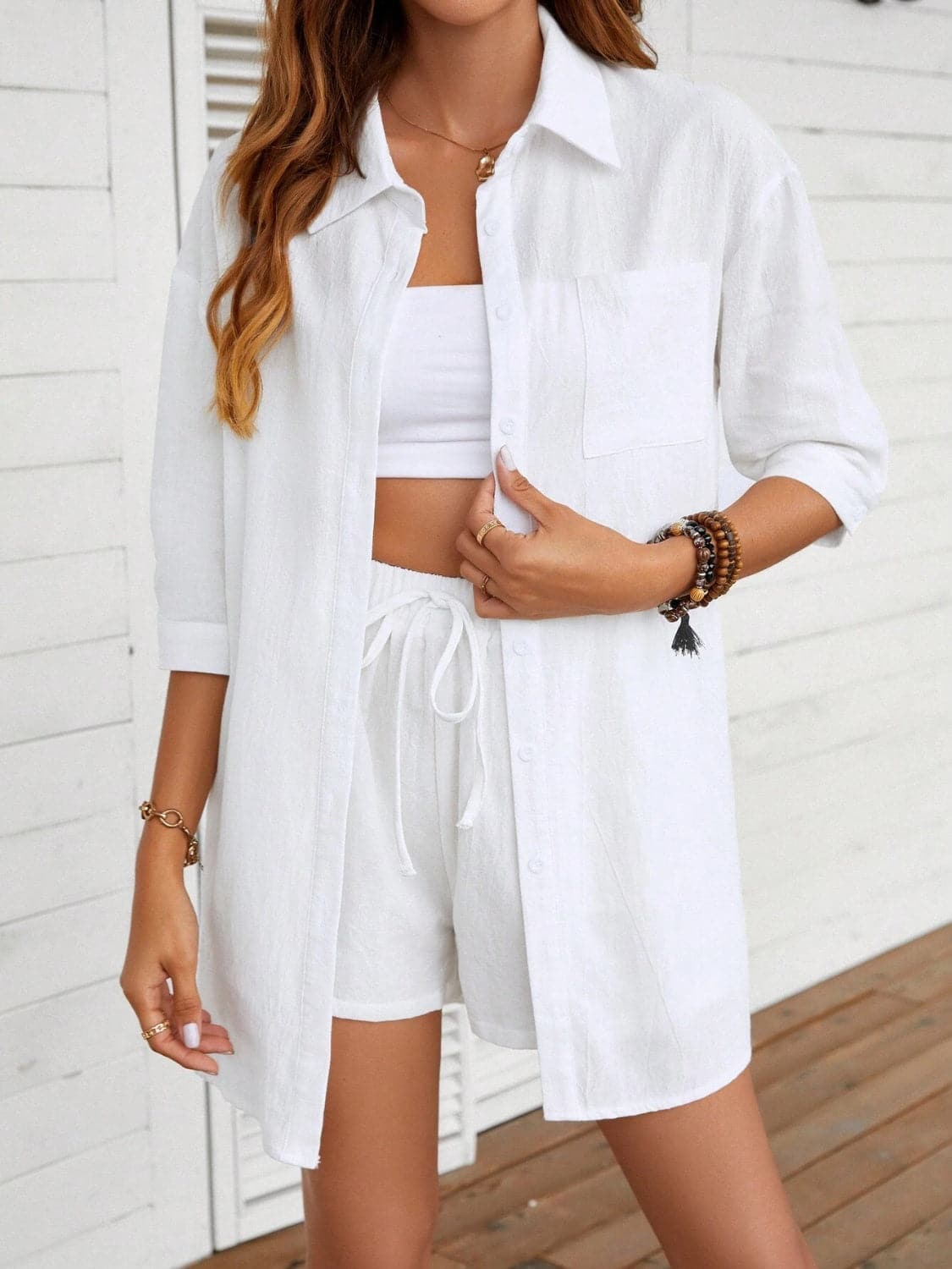 Dropped Shoulder Button Up Shirt and Shorts Set.