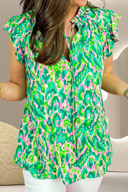 Ruffled Printed Tie Neck Cap Sleeve Blouse.