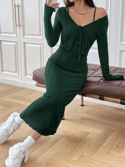 Two-Piece Cami Dress with Tied Long Sleeve Cardigan Set