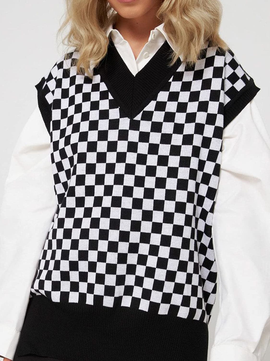 Full Size Checkered V-Neck Cap Sleeve Sweater.