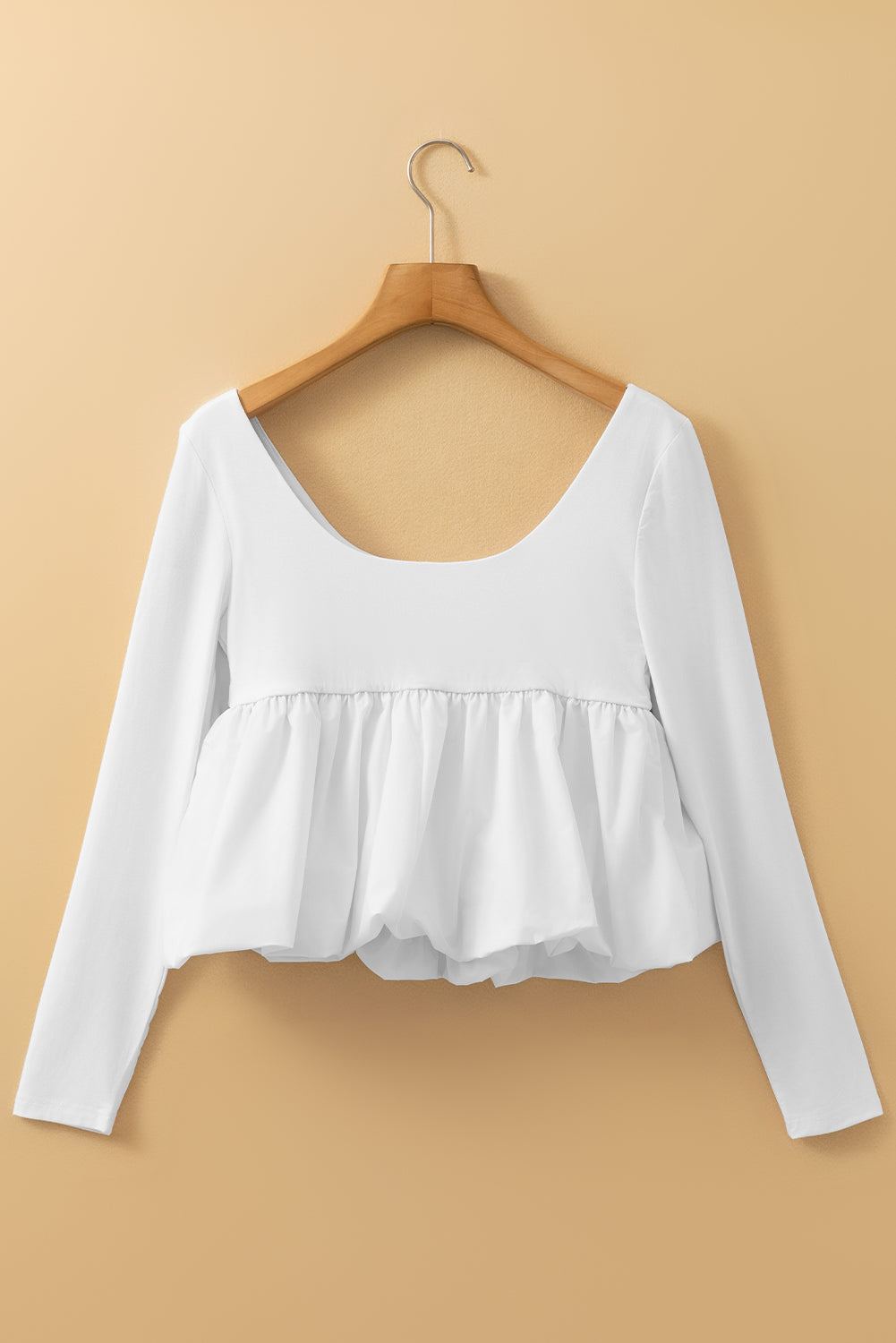 White U Neck Long Sleeve Bubble Hem Top for Women