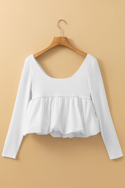 White U Neck Long Sleeve Bubble Hem Top for Women