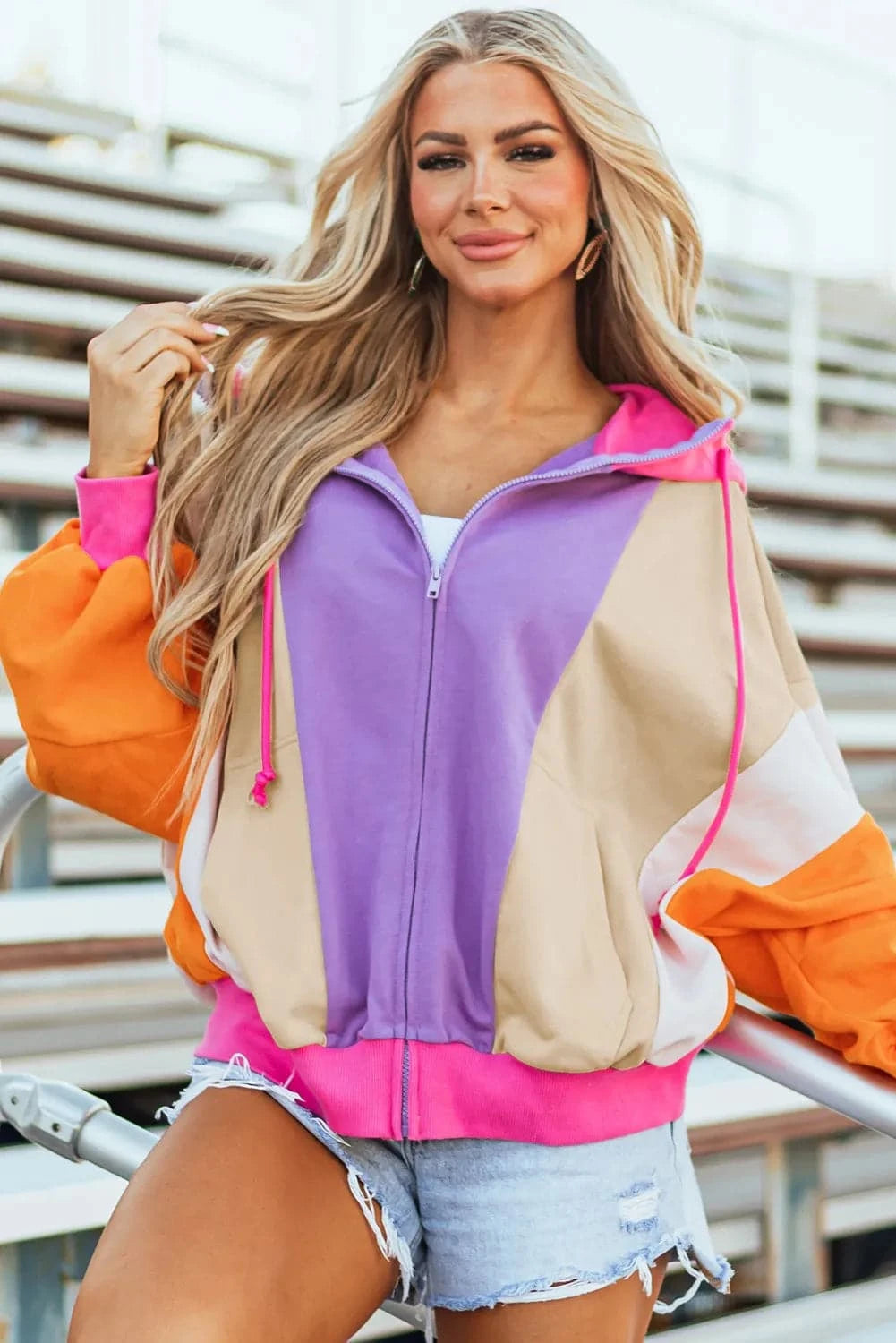 Color block zip-up hoodie with drawstring and long sleeves