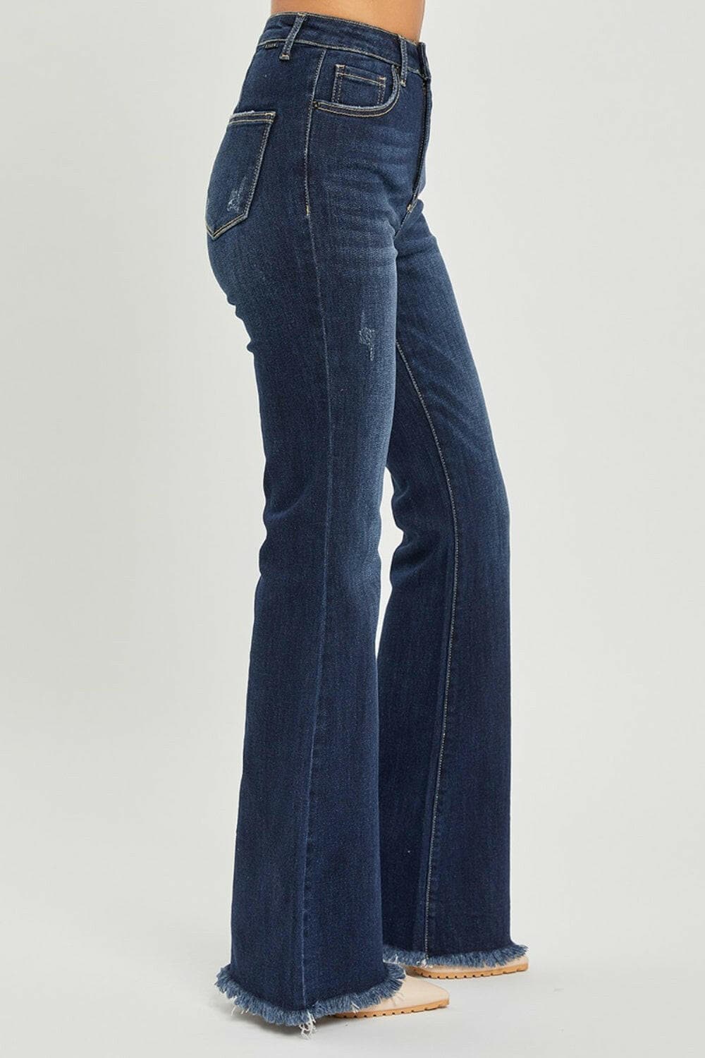 RISEN High Waist Raw Hem Flare Jeans.