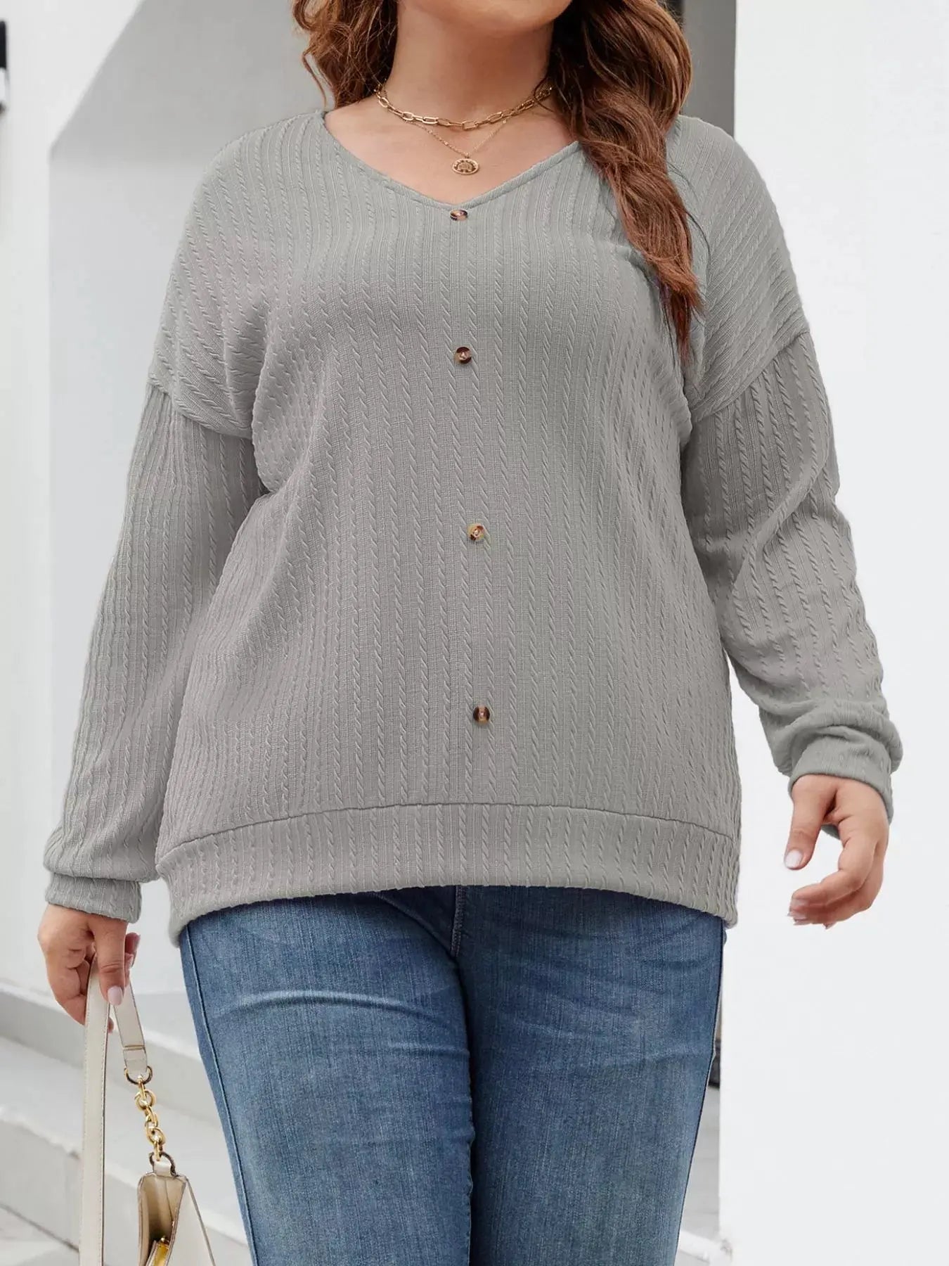 Plus Size V-Neck Dropped Shoulder Blouse Simply Love