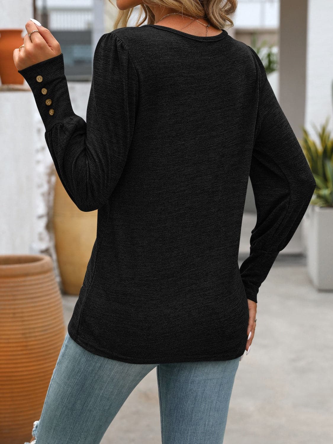 Decorative Button Round Neck Long Sleeve T-Shirt.