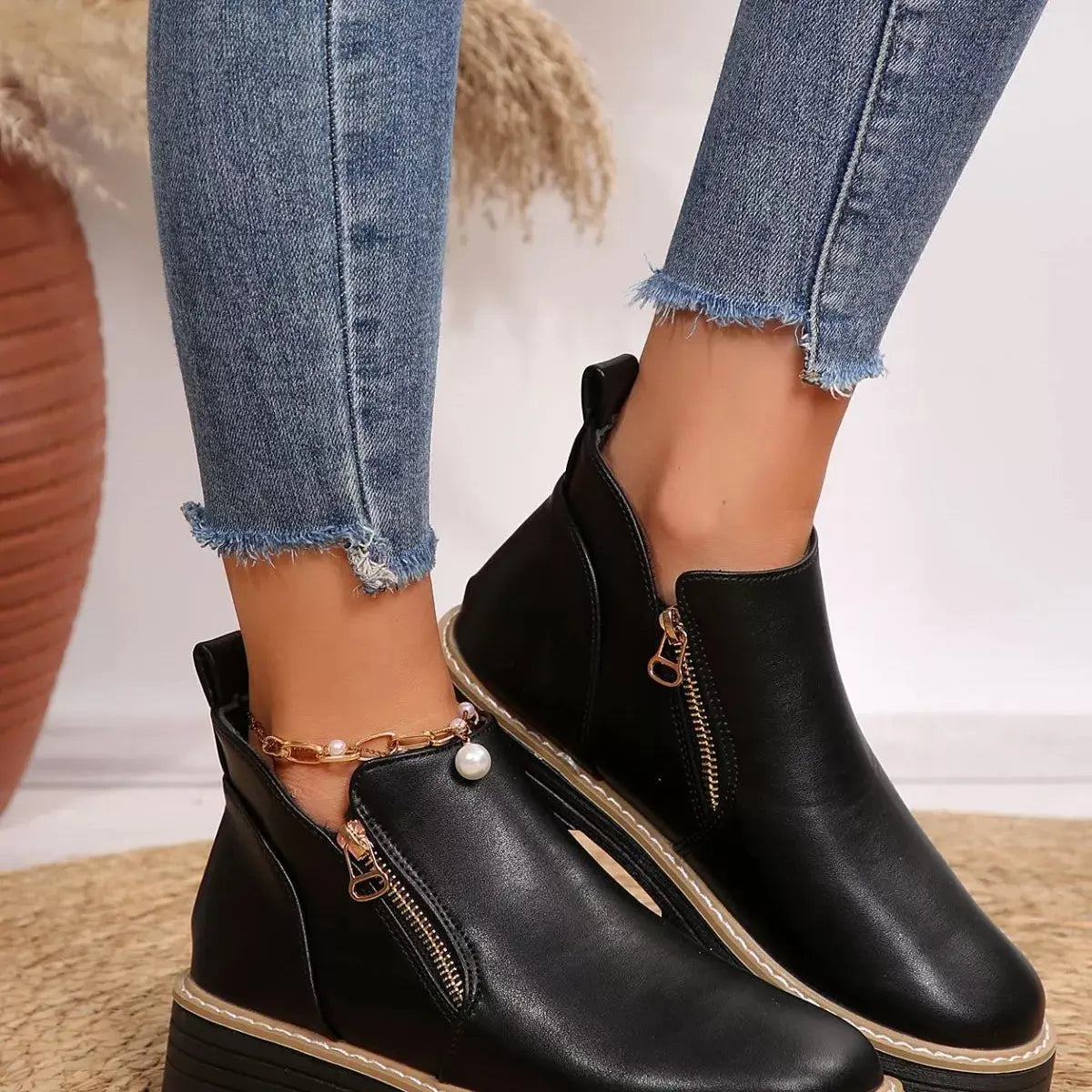 PU Leather Ankle Boots With Zipper Detail And Chunky Sole Simply Love