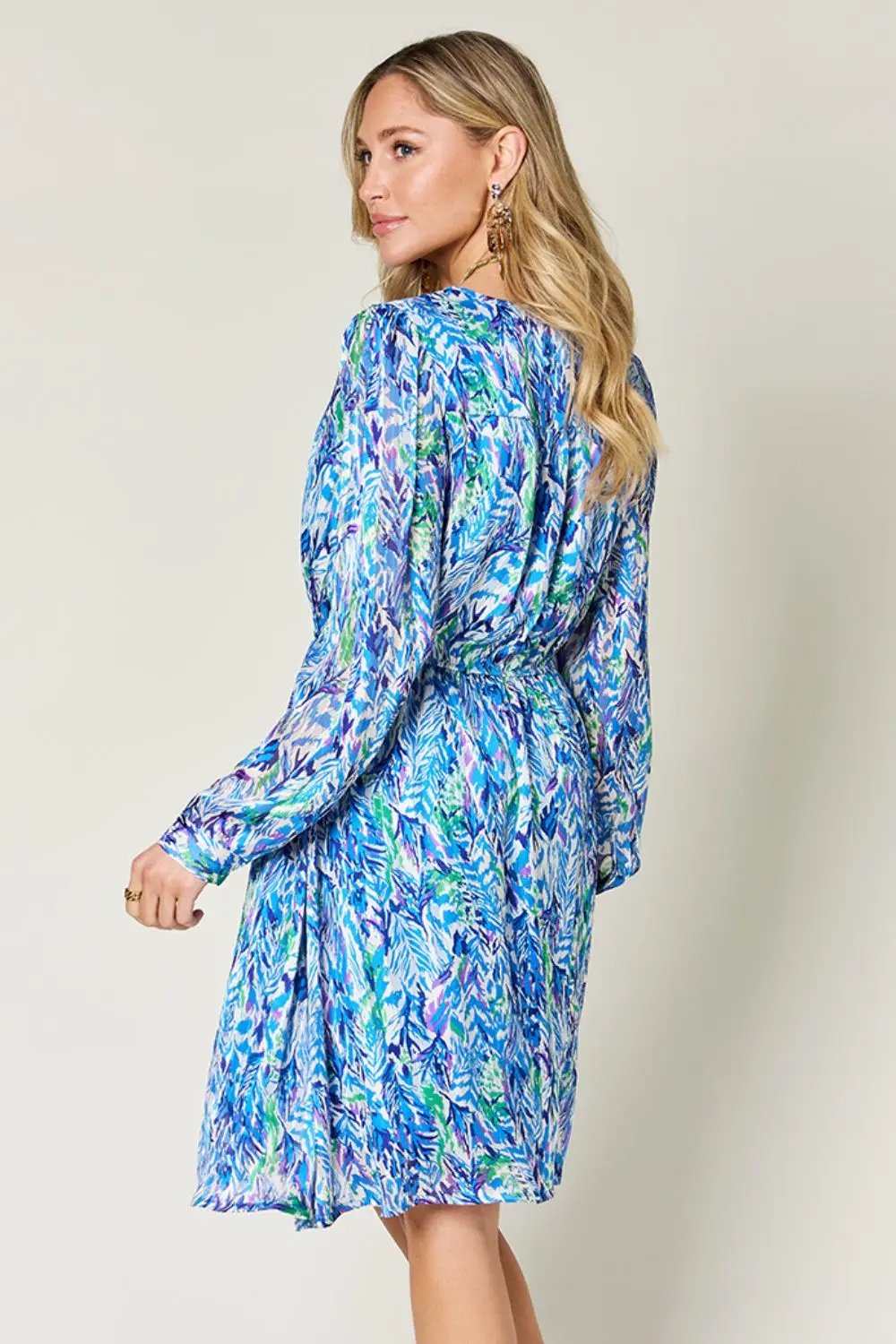 Double Take Full Size Printed Drawstring Waist Long Sleeve Dress - Love Salve