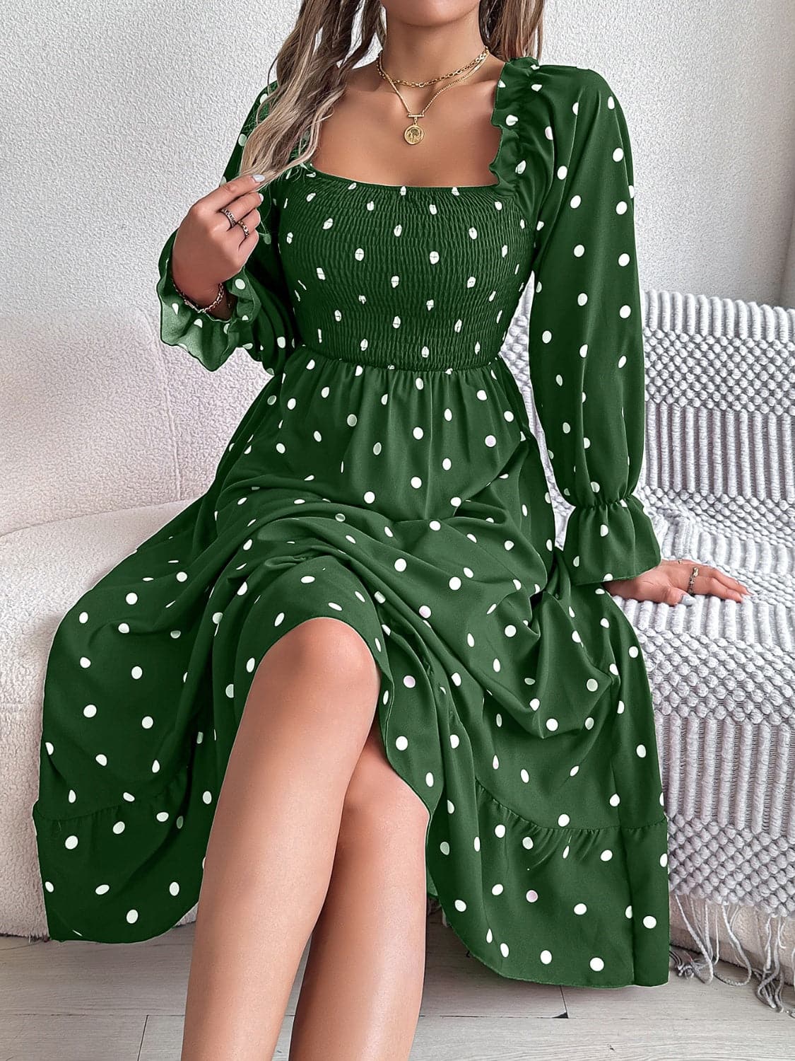 Polka Dot Flounce Sleeve Midi Dress.