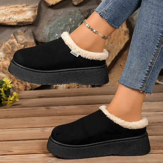 Plush Lined Platform Boots Women Low Heel Suede Rubber Black Simply Love
