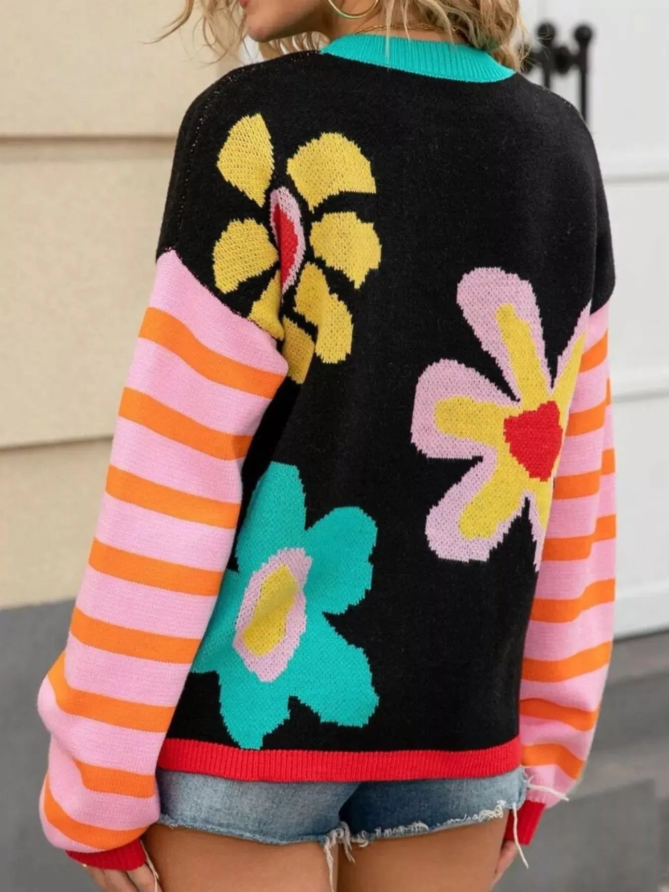 Floral Striped Crew Neck Sweater Simply Love