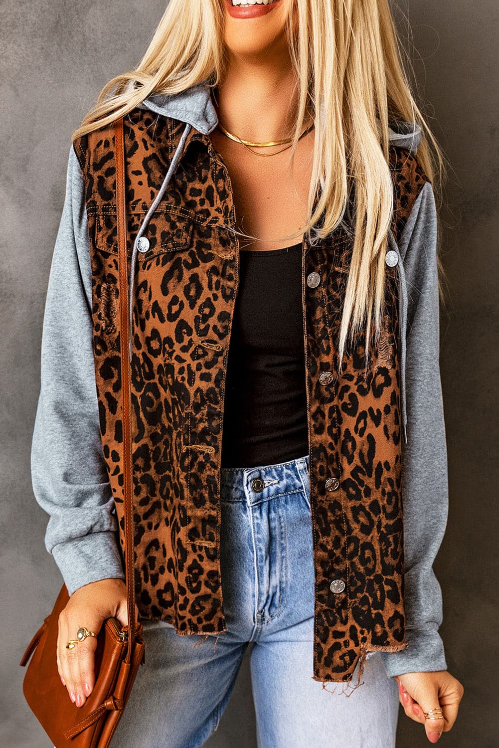 Leopard Distressed Drawstring Hooded Denim Jacket.