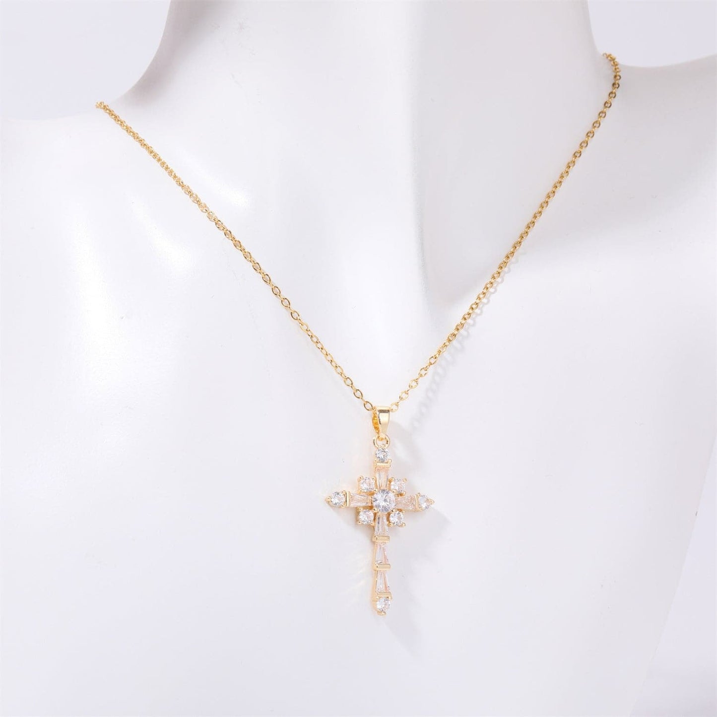 Stainless Steel Inlaid Zircon Cross Necklace.