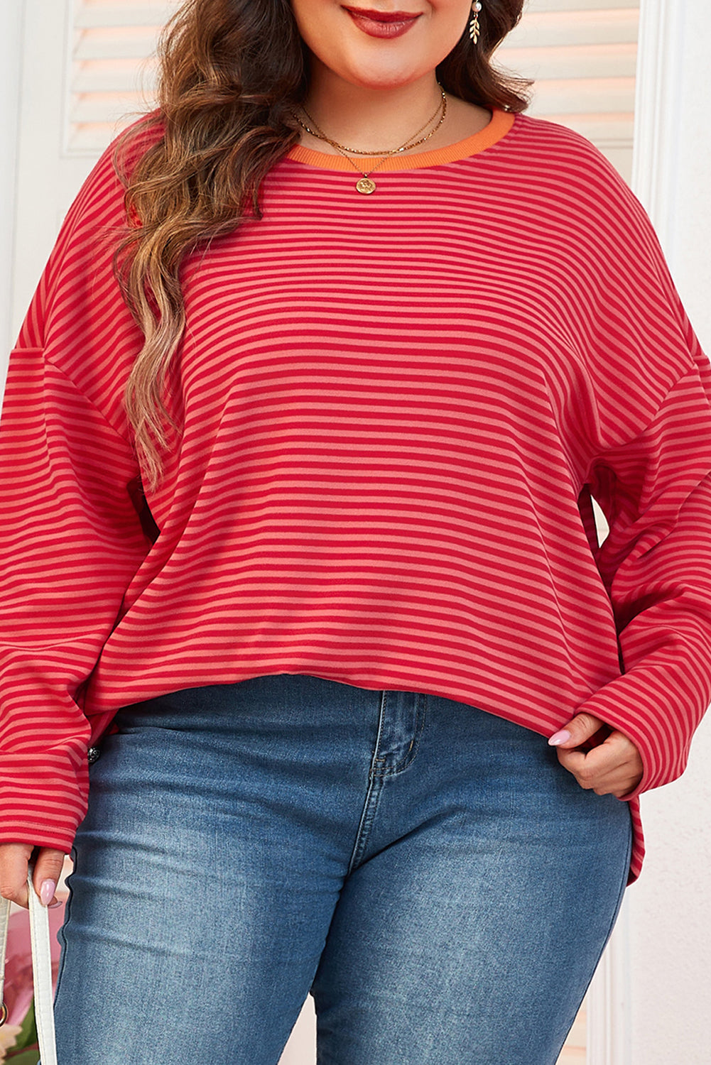 Chic orange stripe plus size drop shoulder button-up top