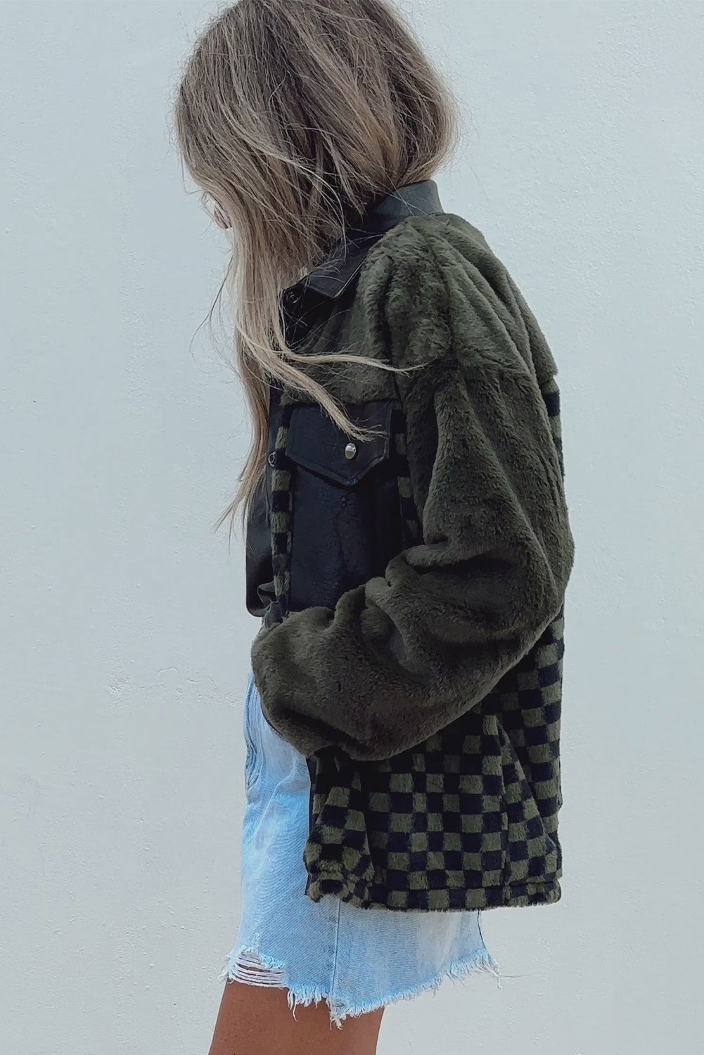 Vibrant vineyard green fleece jacket with checkerboard pockets