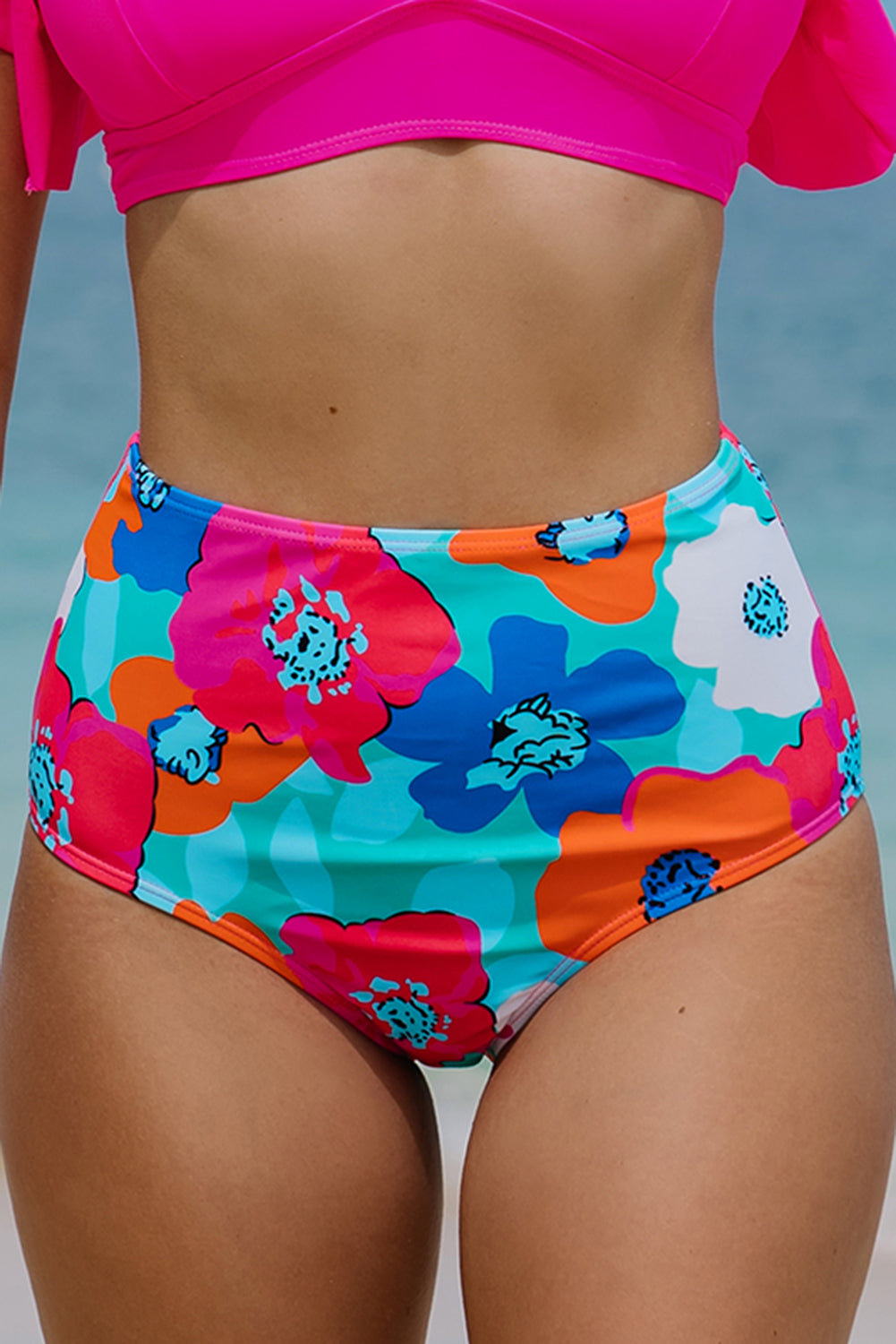 Floral high-waist bikini bottoms in rose red