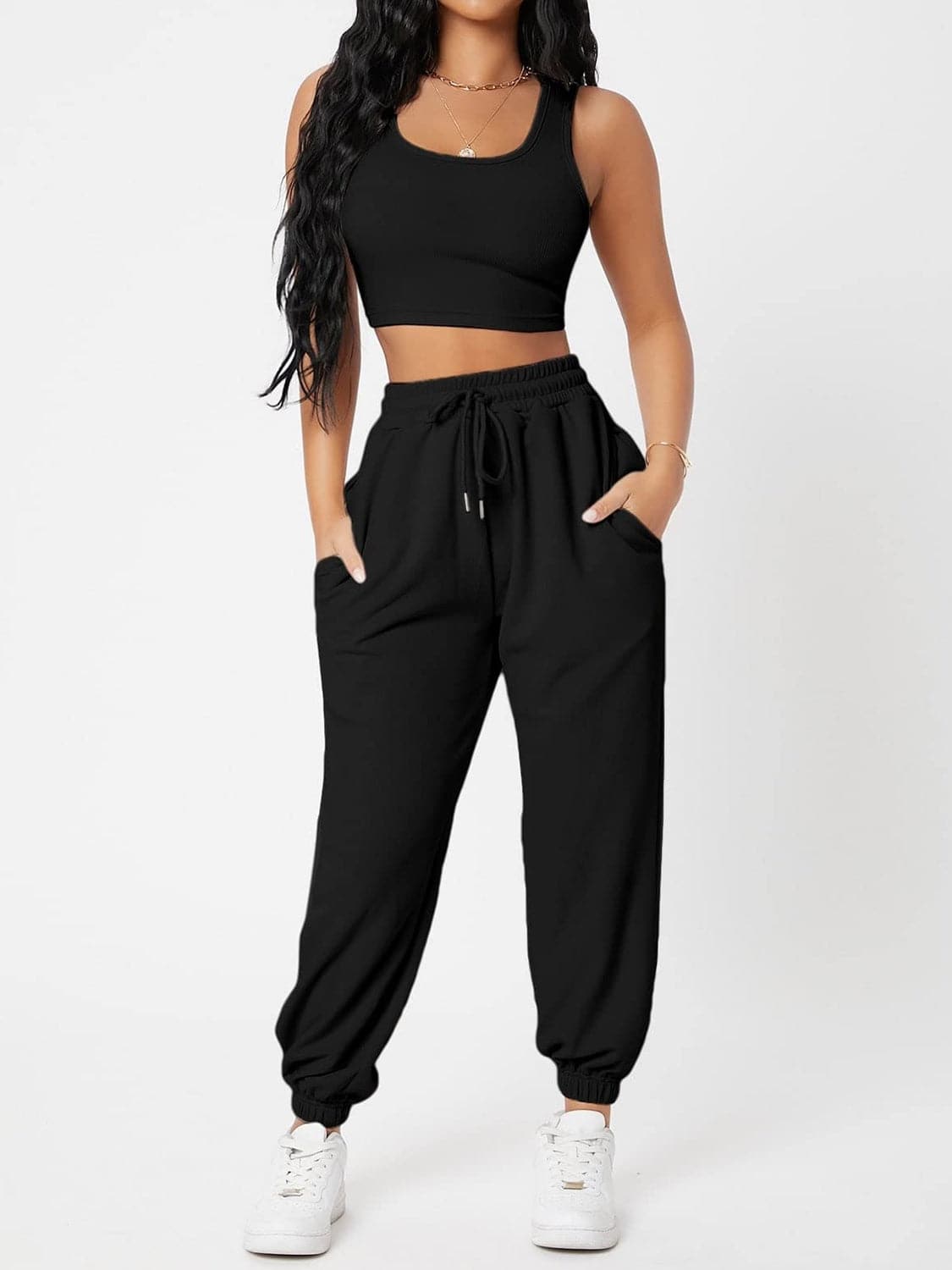 Wide Strap Top and Drawstring Joggers Set.