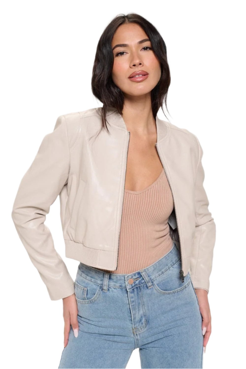 Chic vegan leather bomber jacket