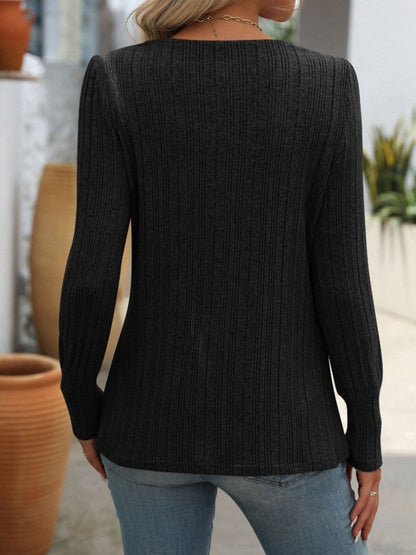 Decorative Button Striped Square Neck Long Sleeve T-Shirt.