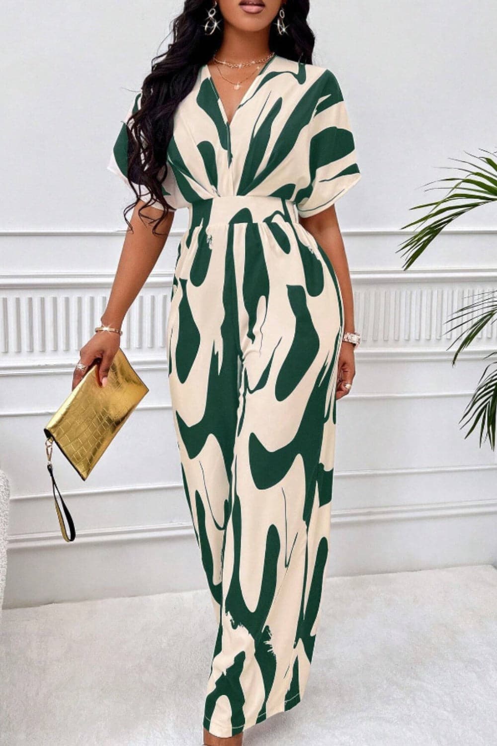 Printed V-Neck Short Sleeve Wide Leg Jumpsuit.