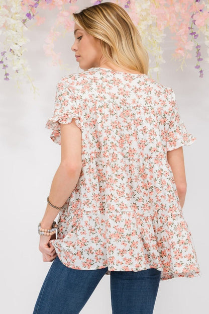 Celeste Full Size Floral Ruffled Short Sleeve Blouse.