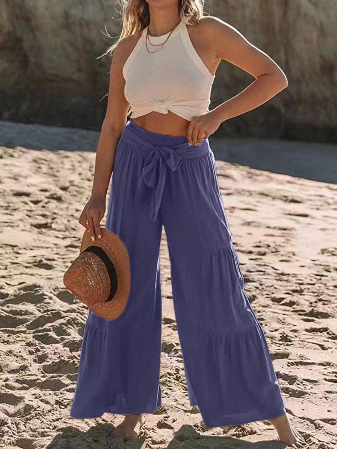 Tied Ruched Wide Leg Pants.