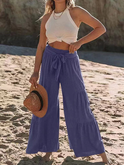 Tied Ruched Wide Leg Pants.