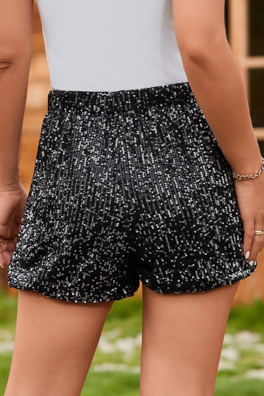 Sequin Elastic Waist Shorts.