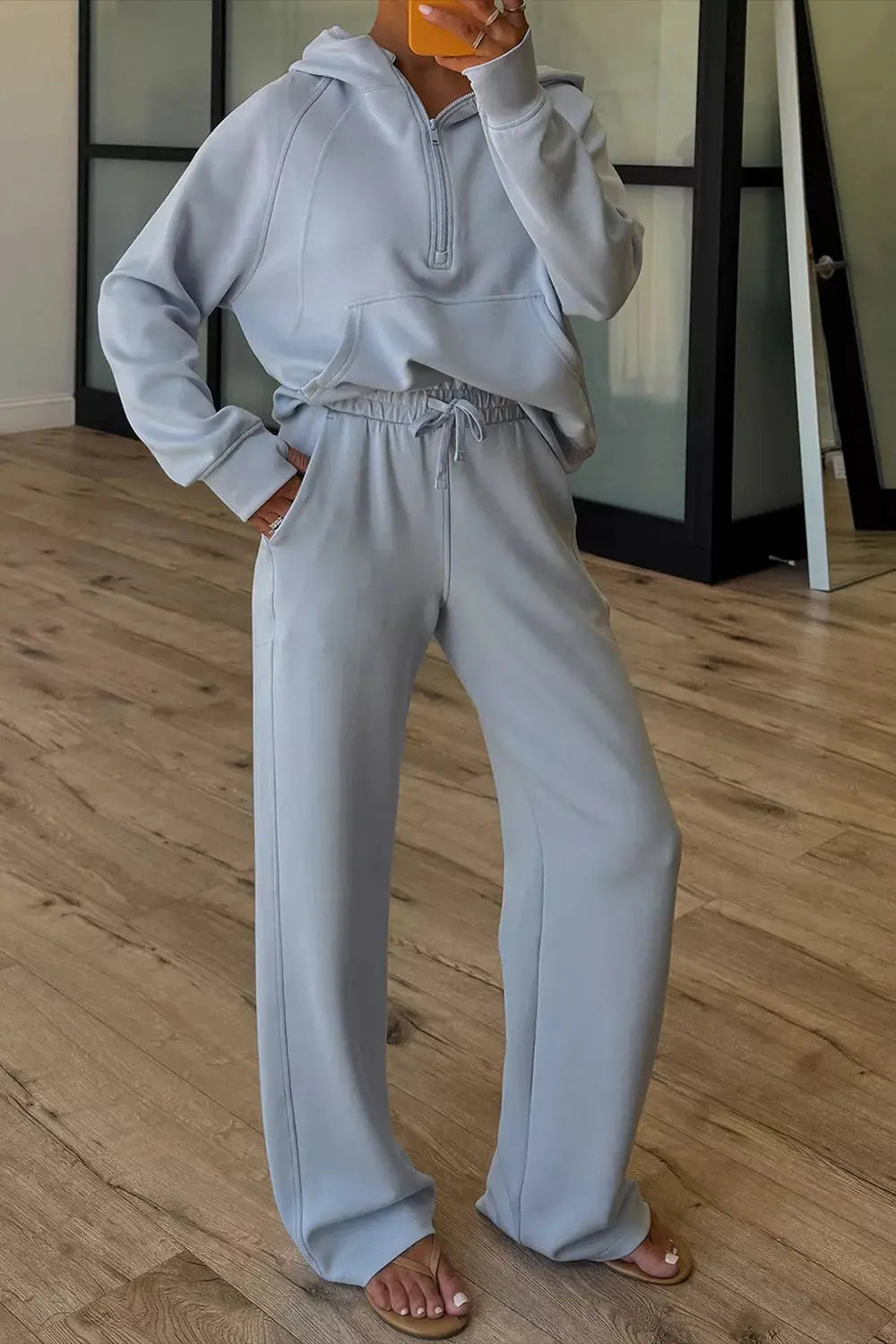 Half Zip Thumbhole Sleeve Hoodie and Pants 2pcs Outfit Simply Love
