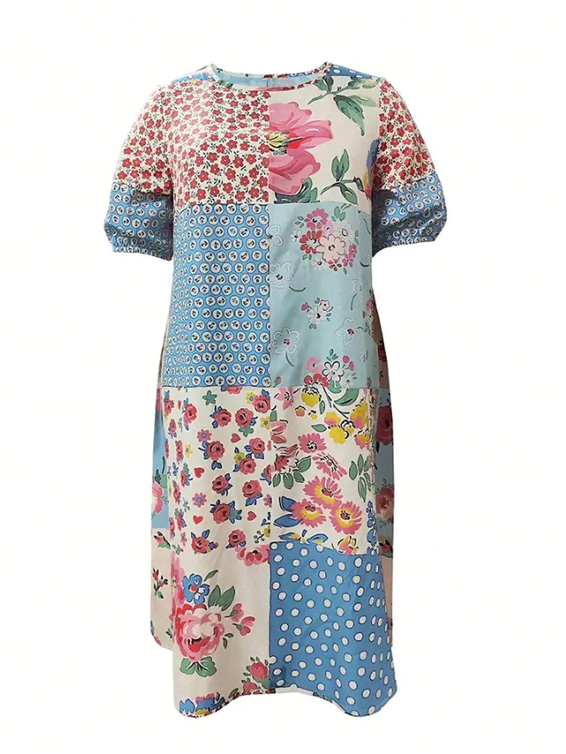 Patchwork Printed Round Neck Midi Dress.