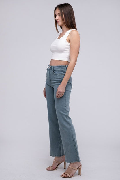 Trendy acid wash frayed hem wide-leg pants